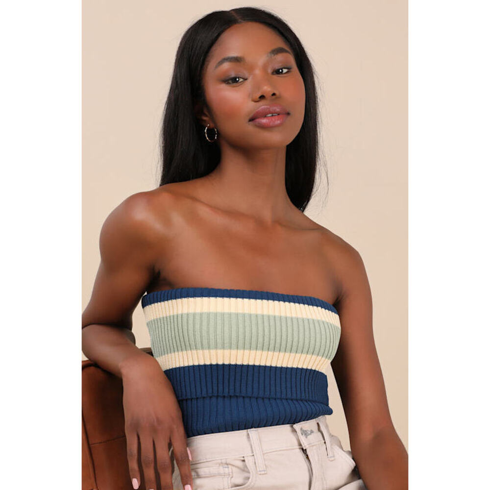 Lulus Sunny Signs Navy Striped Ribbed Knit Strapless Top Blue - Size M